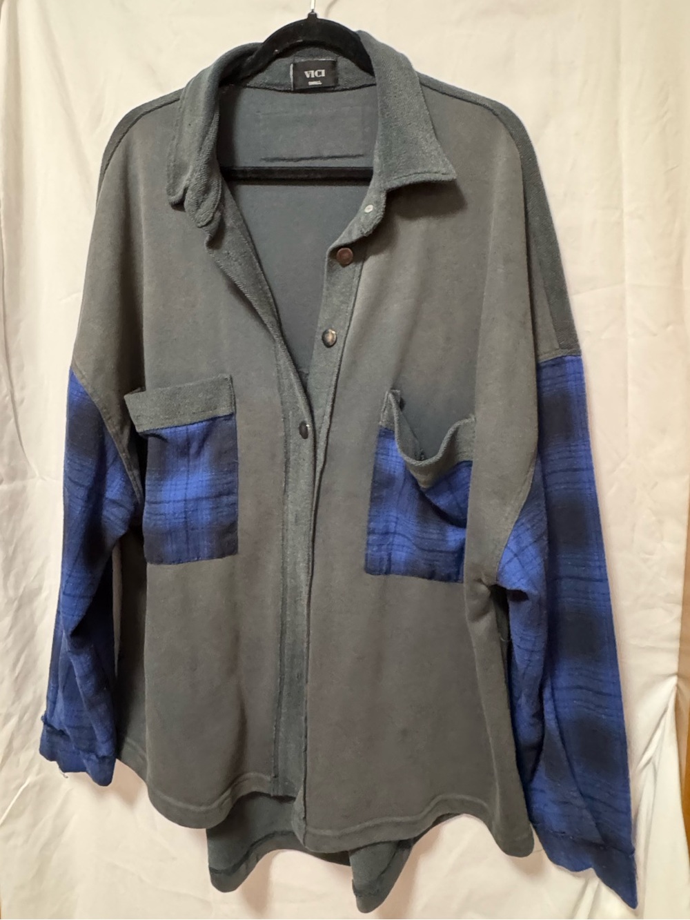 Vici Gray Fleece Button-Front Shirt with Blue Plaid Accents